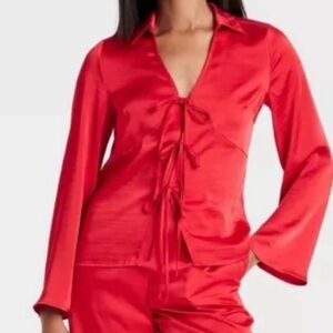 Satin Red Blouse with Tie Details